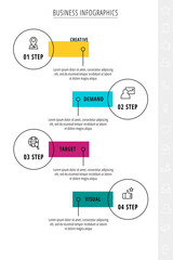 Thin line vector infographics with four circles and labels. Timeline template with 4 steps for the app, business, website, interface, chart, levels, web, diagram, banner, presentations