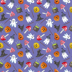 Watercolor hand drawn Halloween seamless pattern on violet background. Trick or treat background. Cute Halloween print for paper, covering, wrapping, wallpaper, cards, greetings and decoration.