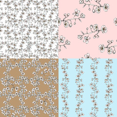 Watercolor set of seamless pattern of blossom tree branch in sketch style. Pink flowers for background, texture, wrapper, textile.