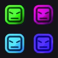 Angry Face Of Square Shape And Straight Lines four color glass button icon