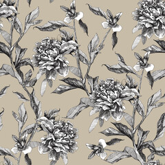 Monochrome black and white seamless pattern outline flowers peony on beige color background. Design for textiles, fabrics, packaking, wallpapers, home decoration