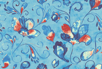 Paisley watercolor floral pattern tile with flowers, flores, tulips, leaves. Oriental traditional hand painted water color whimsical seamless print for ceramic design. Abstract indian batik background