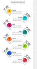Thin line vector infographics with eight circles and labels. Timeline template with 8 steps for the app, business, website, interface, chart, levels, web, diagram, banner, presentations