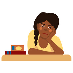 Cute African-American schoolgirl is bored at her desk. The girl listens to the lesson. Back to school. Vector illustration in a flat cartoon style, isolated on a white background