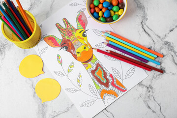 Composition with coloring picture on light background