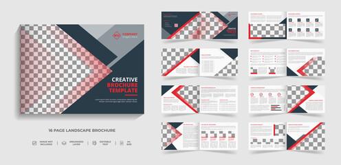 Bifold 16 page corporate modern landscape brochure template & annual report design with red and black creative shape