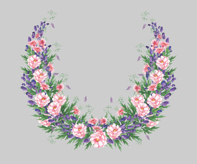 Flower frame. Pink roses, blue monkshood and wild plants on a gray background. Watercolour image.