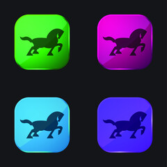 Big Black Horse Walking Side Silhouette With Tail And One Foot Up four color glass button icon