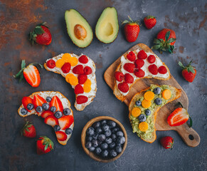 Breakfast, Croissant sandwiches with berries and avocado, Delicious summer food, Top view on a dark background