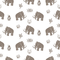 Mammoth seamless pattern with tiger and snake stone age theme background