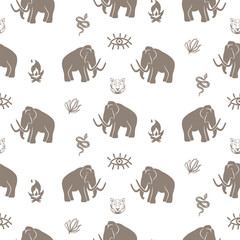 Mammoth seamless pattern with tiger and snake stone age theme background