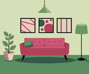 Interior of the room. Living room. Sofa, flowers, lamps, paintings. Vector graphic.	