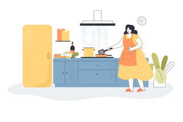 Woman cooking meals in kitchen. Female character preparing food using stove, kitchen interior flat vector illustration. Cooking, lifestyle concept for banner, website design or landing web page