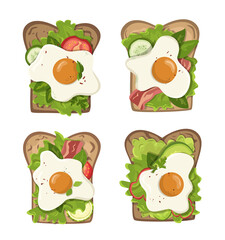 A set of sandwiches with egg, bacon, vegetables, herbs, tomatoes, cucumbers, a healthy breakfast and snack, bright colorful dishes