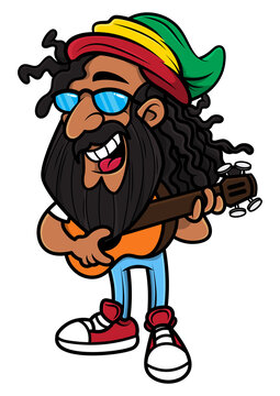 Cartoon Illustration of Afro-american dreadlocks man wearing beanie hat with rastafarian flag colors, singing and playing acoustic guitars, suitable for mascot or sticker with reggae music themes
