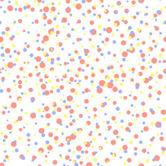 Abstract hand drown polka dots background. White seamless pattern with pink, blue circles. Template design for invitation, poster, card, flyer, banner, textile, fabric