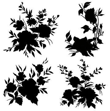 Collection black silhouettes of bouquets of flowers. Hand drawn. Template. 
