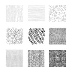 Set of black vector illustrations of abstract hand drawn square textures for backgrounds and design elements. Lines, dots, scribbles, waves, circles. Isolated on white background.