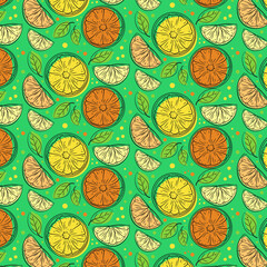 The pattern. Natural fruits, vitamin juice. Vegan cuisine organic fruit or vegetarian food. Illustration of lemon and orange.