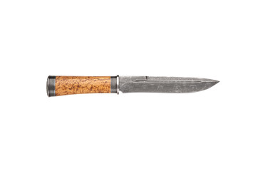 Hunting knife with wooden handle. Isolated on white back.