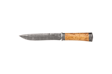 Hunting knife with wooden handle. Isolated on white back.