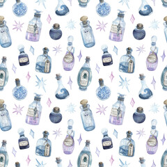 Light watercolor pattern with potions. Hand-drawn background. Mysticism, magic, crystals. Texture for design, textiles, decoration, wallpaper, scrapbooking, wrapping paper, fabrics.