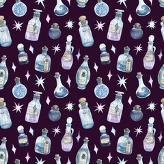 Dark watercolor pattern with potions. Hand-drawn background. Mysticism, magic, crystals. Texture for design, textiles, decoration, wallpaper, scrapbooking, wrapping paper, fabrics.