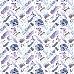 Light watercolor pattern on the theme of witchcraft. Hand-drawn background. Skull, magic, crystals. Texture for design, textiles, decoration, wallpaper, scrapbooking, wrapping paper, fabrics.