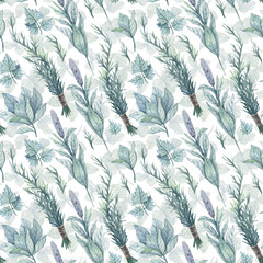 Light watercolor pattern with herbs. Hand-drawn background. Edible herbs and leaves, rosemary, parsley, basil. Texture for design, textiles, decoration, wallpaper, scrapbooking, wrapping paper, fabric