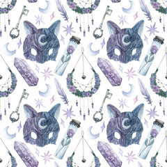 Light watercolor pattern about witchcraft. Hand-drawn background. Mysticism, dream catcher, ritual. Texture for design, textiles, decoration, wallpaper, scrapbooking, wrapping paper, fabrics.