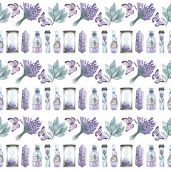 Light watercolor pattern with potions and herbs. Hand-drawn background. Bottles, butterflies, lavender. Texture for design, textiles, decoration, wallpaper, scrapbooking, wrapping paper, fabrics.