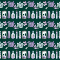 Dark watercolor pattern with potions and herbs. Hand-drawn background. Bottles, butterflies, lavender. Texture for design, textiles, decoration, wallpaper, scrapbooking, wrapping paper, fabrics.