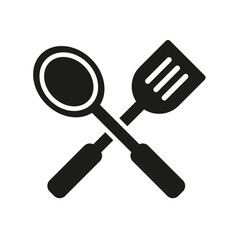 Black and white spatula and soup ladle cross icon. Kitchen tools, cooking. Vector isolated on white.
