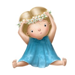 cute little girl with chamomile summer wreath hand drawn clipart, children's illustration with funny cartoon character