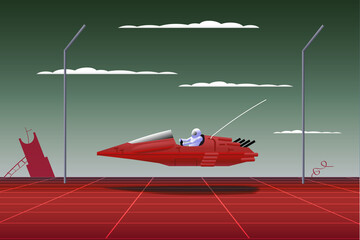 illustration of a dystopian postapocaliptic landscape with floating red hovercar vehicle with jet pilot onboard flying above 1980's red cyberpunk perspective grid over the red desert