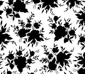 Black and white floral pattern of bouquets of flowers. Hand drawn.

