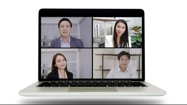 Isolated laptop on white background. Group of people colleagues about a video-based business meeting plan with the computer during the outbreak of the Covid-19 virus. work from home concept.