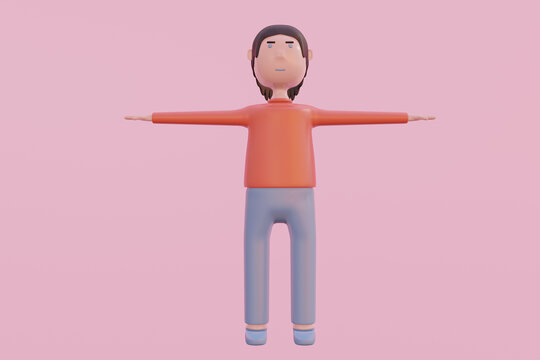 character 3D rendering illustration,creative man t pose,of standing smiling man showing hand and happy, isolated on pink background,casual young smart personality man minimal art style.