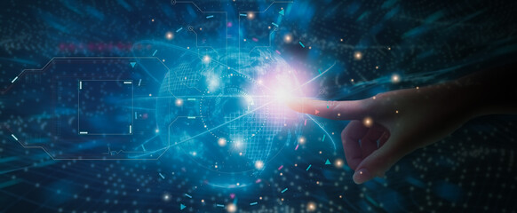 Finger touch holographic infinity connect to learn and control,with line digital network concept artificial intelligence or AI technology and innovation,network control to business and industrial