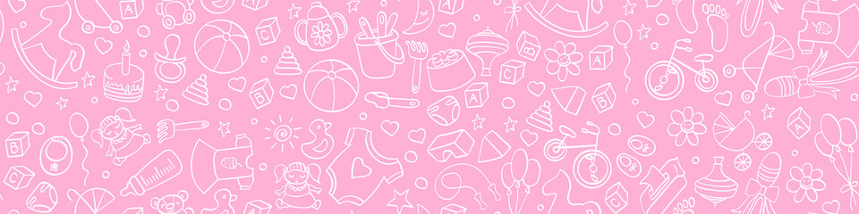 Baby girl seamless pattern. Hand drawn doodles with children goods on pink background. Vector illustration.
