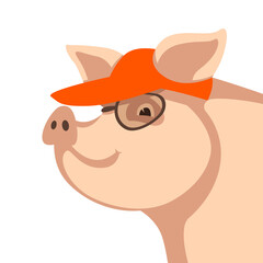 face funny pig in cap, vector illustration,  flat style, front
