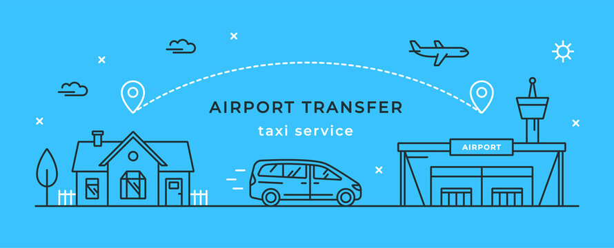 Vector Linear Illustration With A Car Driving From Home To The Airport Building. Minivan, House And Airport Terminal Outline Icons. Stylish Flyer Or Web Banner.