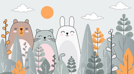 Children's wallpaper. Drawing with animals. Wallpaper for the children's room. Photo wallpapers. Children's greeting card. Fabulous forest. - 440091784