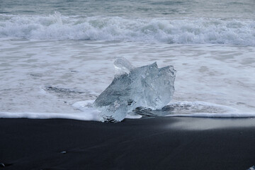 Ice Floes and chunks wash up on pristine black sand beaches on the southern Iceland Coast from...