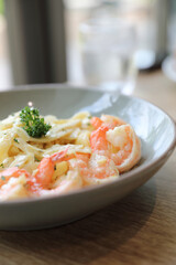 Spaghetti fettucini cream sauce with shrimp , Italian food