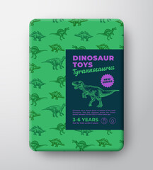 Dinosaur Toys Label Template. Abstract Vector Packaging Design Layout. Hand Drawn Tyrannosaurus Rex Sketch with Ancient Reptile Craetures Pattern Background and Realistic Shadows. Isolated