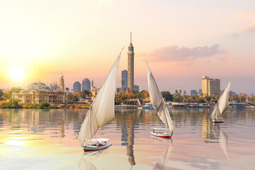 Sunset on the Nile and sailboats, Cairo, Egypt