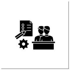Employee survey glyph icon. Questionnaire to obtain opinions, reviews. Evaluate employee mood. Talent management concept.Filled flat sign. Isolated silhouette vector illustration