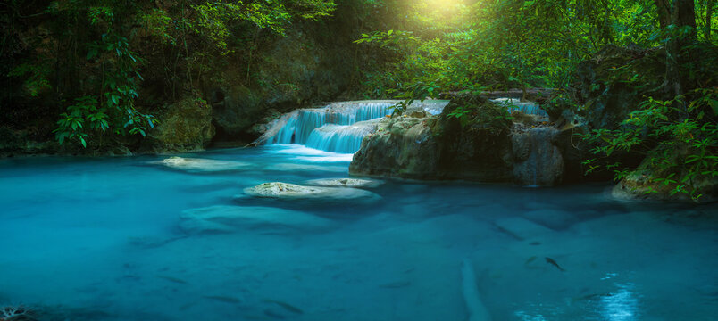 Panoramic beautiful deep forest waterfall in Thailand
