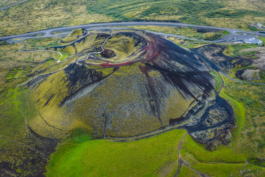 Aerial panoramic views of Grabrok volcano and lava valley from in Iceland